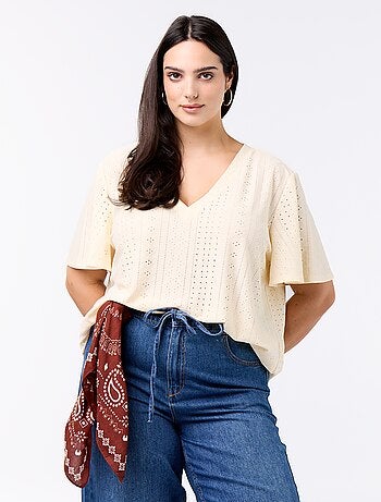 T-shirt liso em malha rendada