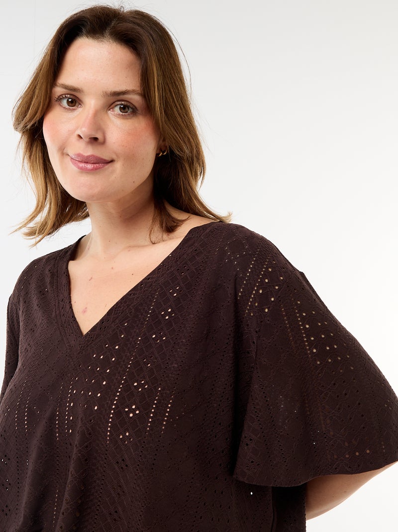 T-shirt liso em malha rendada Castanho - Kiabi