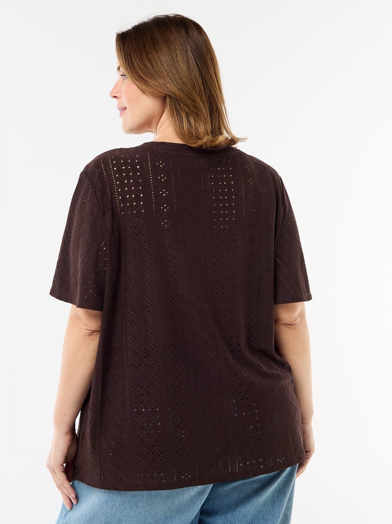 T-shirt liso em malha rendada Castanho - Kiabi