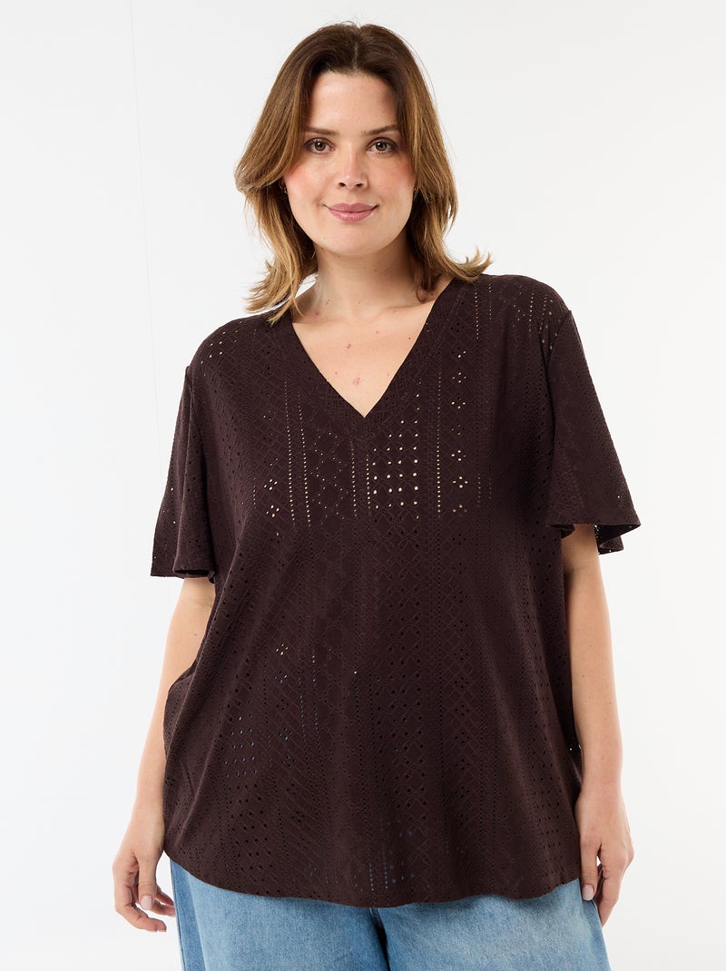 T-shirt liso em malha rendada Castanho - Kiabi