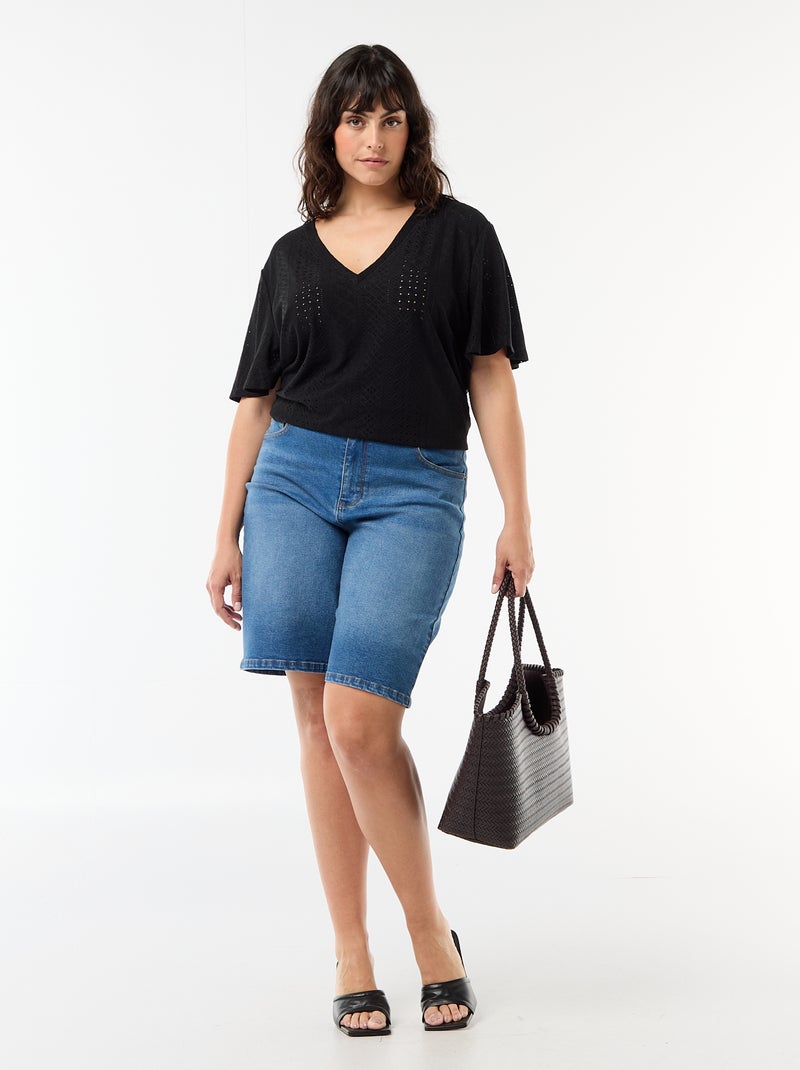 T-shirt liso em malha rendada Preto - Kiabi