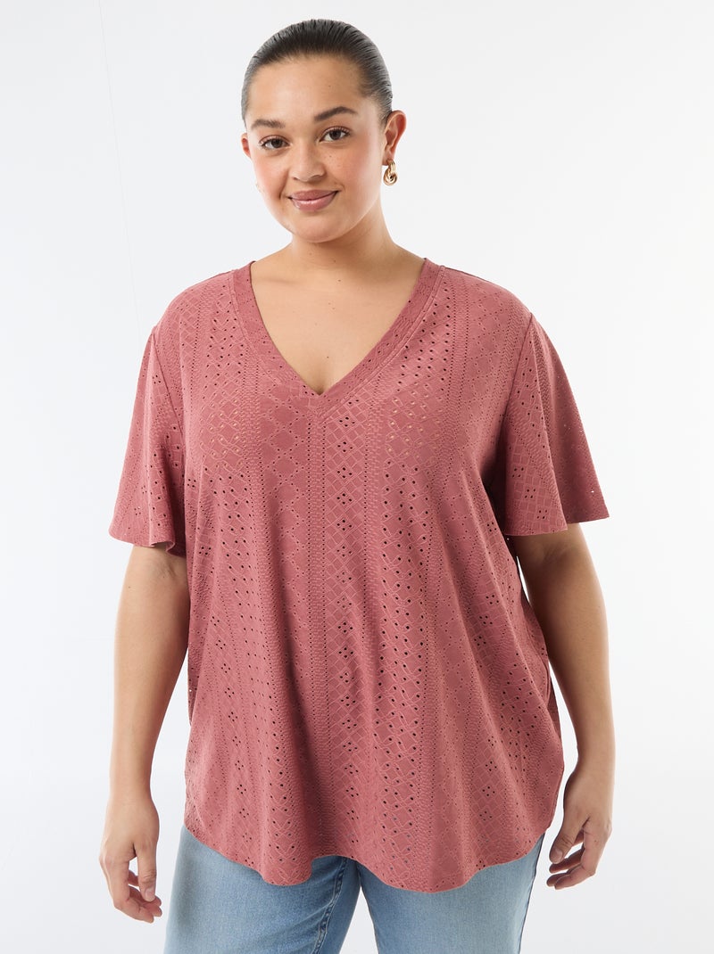 T-shirt liso em malha rendada Rosa - Kiabi