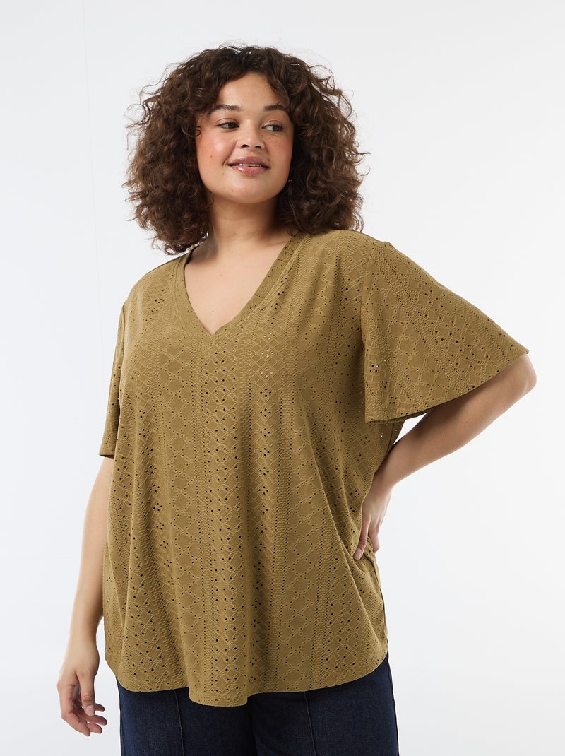 T-shirt liso em malha rendada Verde - Kiabi