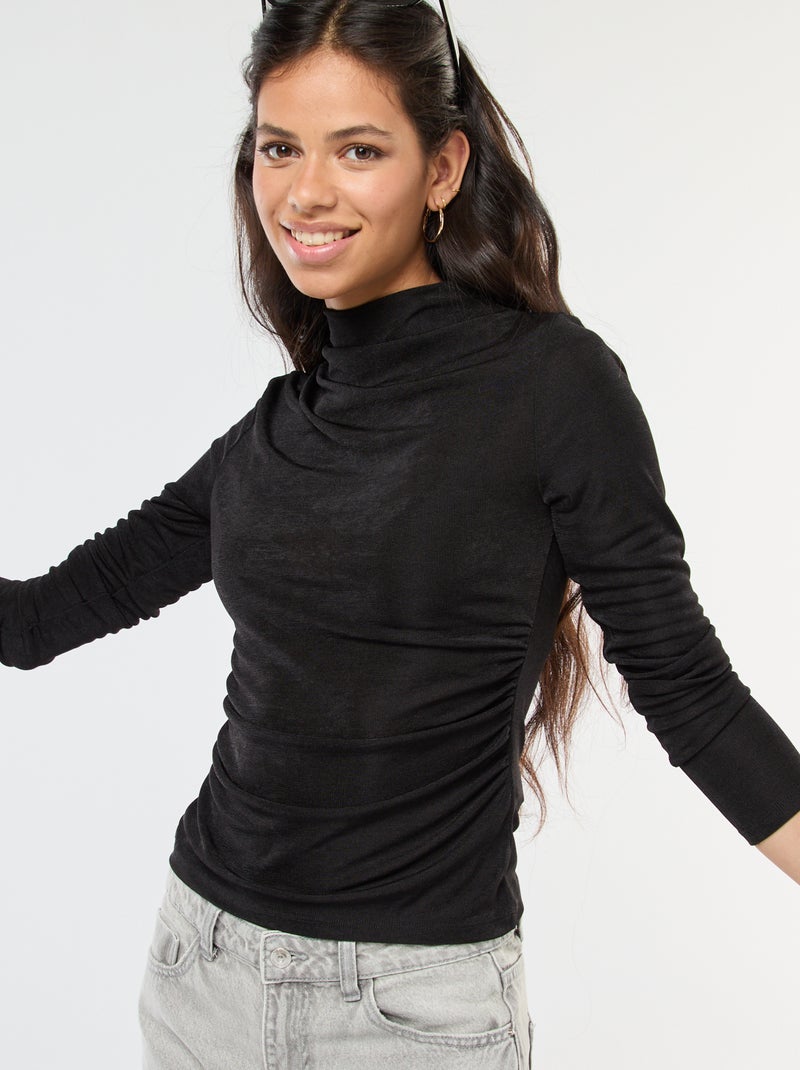 T-shirt liso em material fluido com gola alta Preto - Kiabi