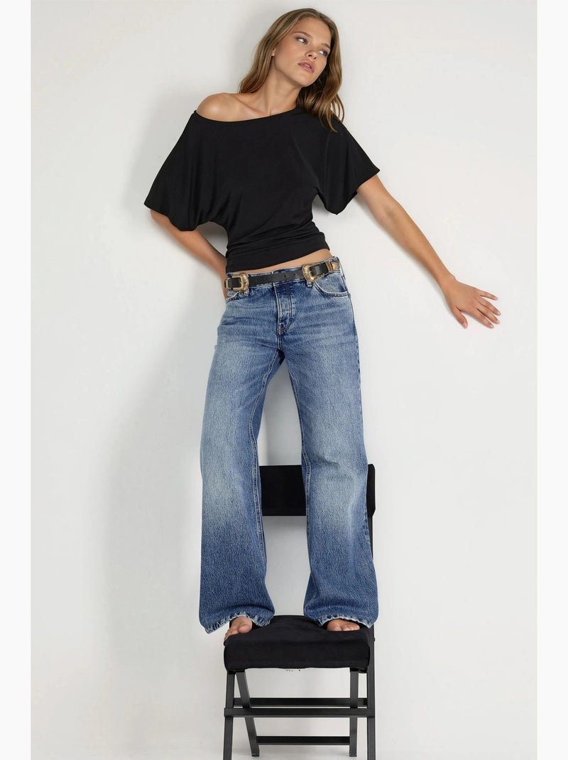 T-shirt loose fit com decote barco hiccup Preto - Kiabi