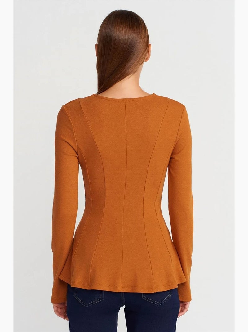 T-shirt malha texturizada peplum manga comprida dilvin Camelo - Kiabi