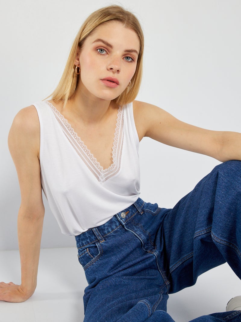 T-shirt manga cava elástica com renda Branco - Kiabi
