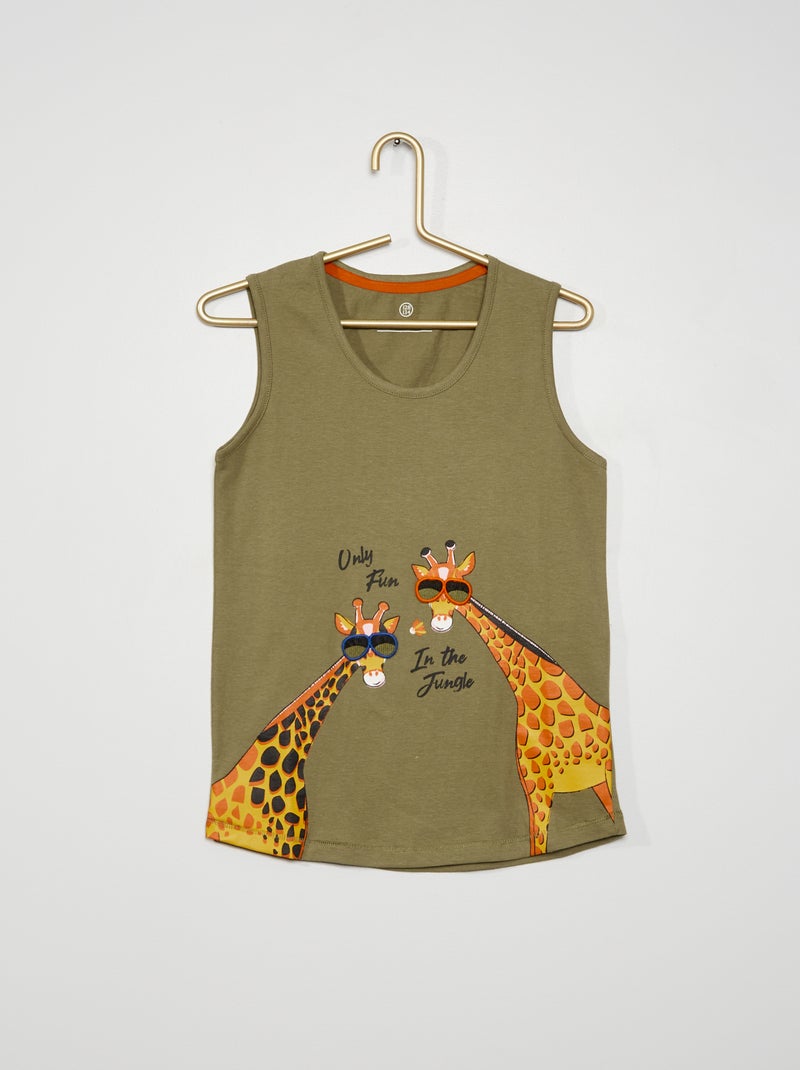 T-shirt manga cava em jersey com desenho Caqui - Kiabi