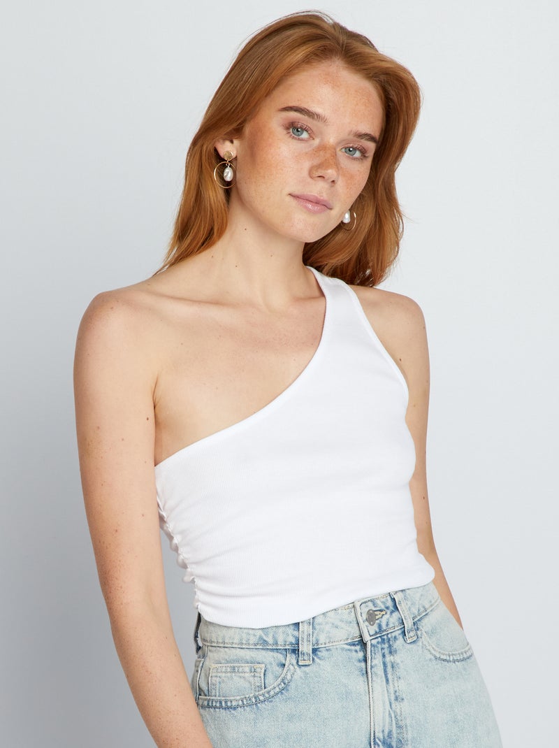 T-shirt manga cava nervurada com alça assimétrica Branco - Kiabi