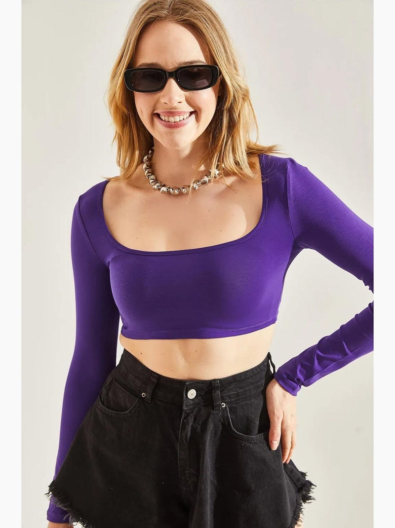 T-shirt manga comprida básica curta lucci Roxo berinjela - Kiabi