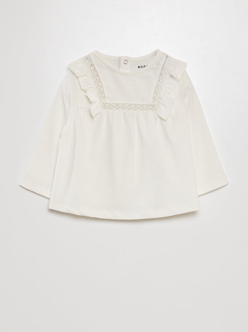 T-shirt manga comprida com folhos Branco - Kiabi