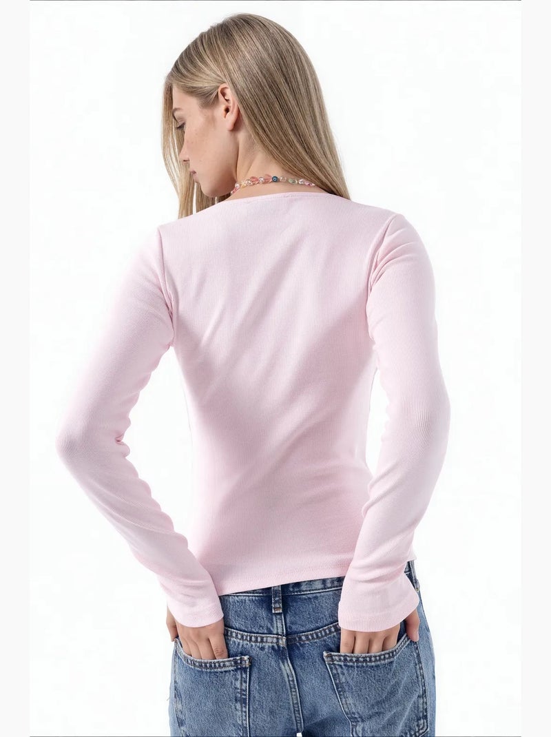T-shirt manga comprida decote v renda busem Rosa doce - Kiabi
