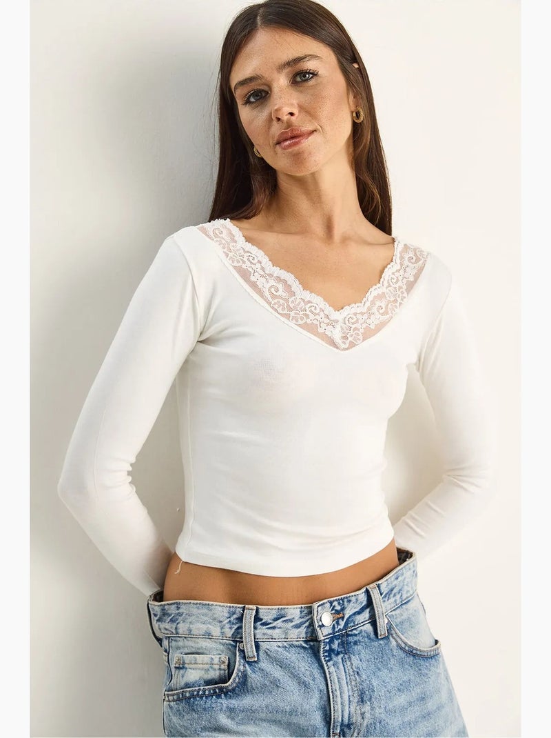 T-shirt manga comprida decote v renda lucci Branco - Kiabi