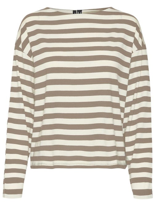 T-Shirt Manga Comprida Vero Moda Palma para Mulher Castanho/Branco - Kiabi T-Shirt Manga Comprida Vero Moda Palma para Mulher Castanho/Branco - Kiabi