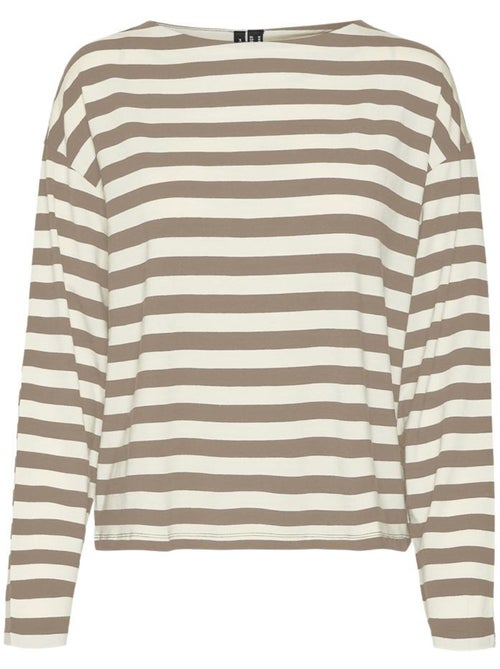 T-Shirt Manga Comprida Vero Moda Palma para Mulher Castanho/Branco - Kiabi T-Shirt Manga Comprida Vero Moda Palma para Mulher Castanho/Branco - Kiabi