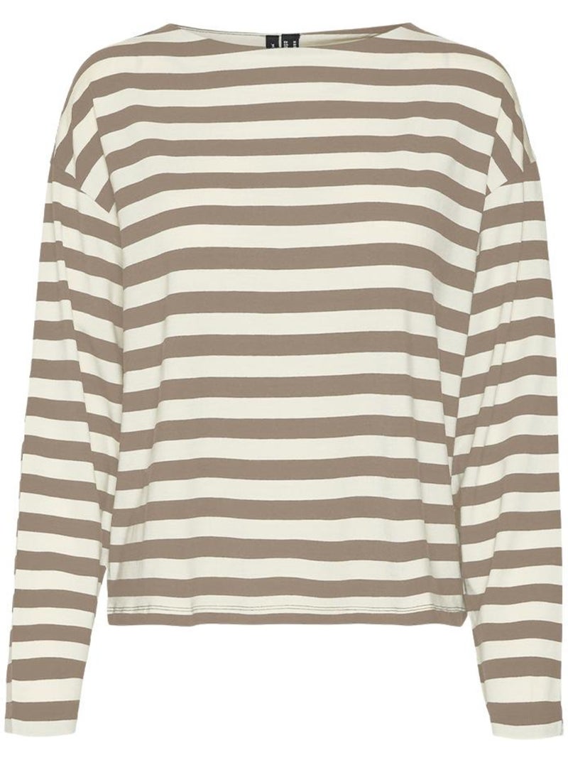 T-Shirt Manga Comprida Vero Moda Palma para Mulher Castanho/Branco Castanho-capuccino - Kiabi