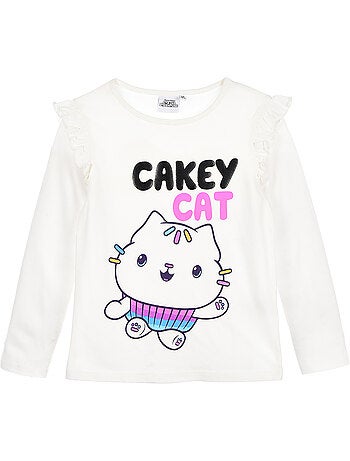 T-shirt mangas compridas branco partido menina gabby's dollhouse - licença oficial