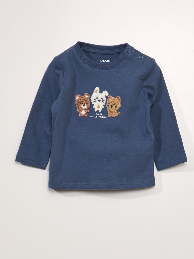 T-shirt matizada com estampado em malha trama AZUL - Kiabi