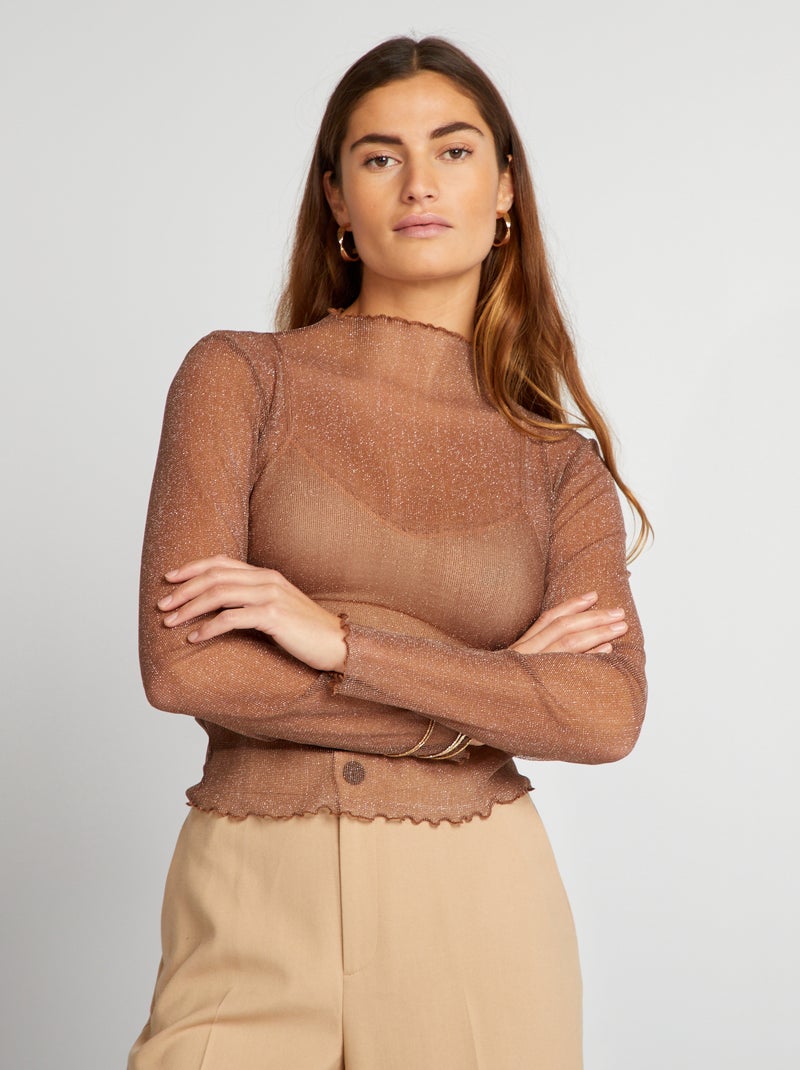 T-shirt metalizada transparente com bordos com folhos CASTANHO - Kiabi