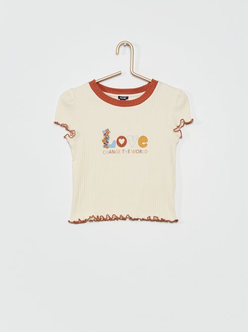 T-shirt nervurada com acabamentos com folhos - Kiabi