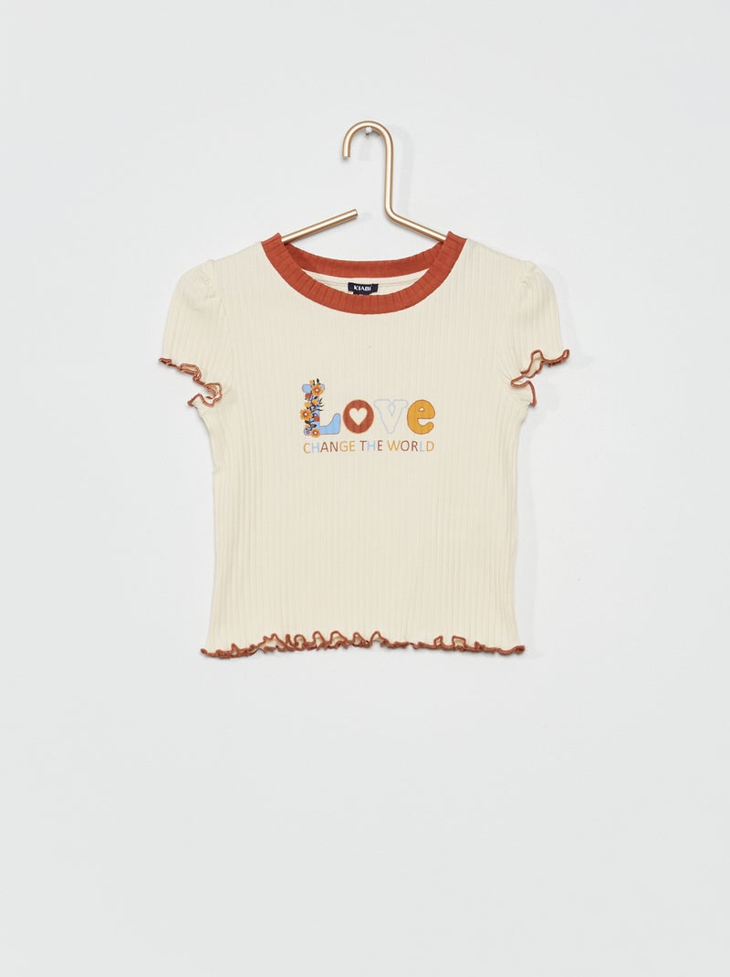 T-shirt nervurada com acabamentos com folhos BRANCO - Kiabi