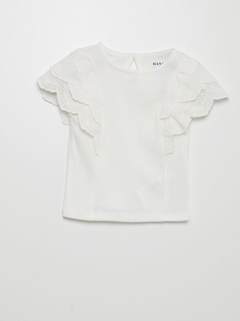 T-shirt nervurada com bordado inglês Branco - Kiabi