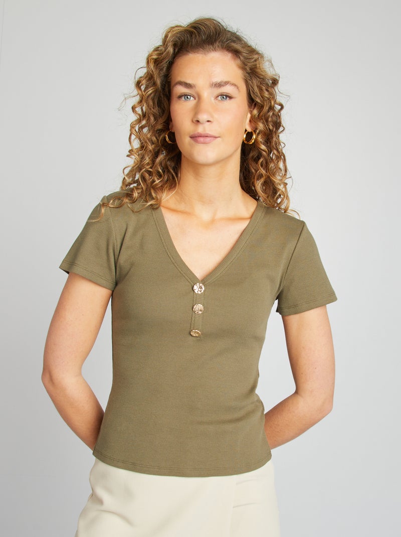 T-shirt nervurada com botões de fantasia CAQUI - Kiabi