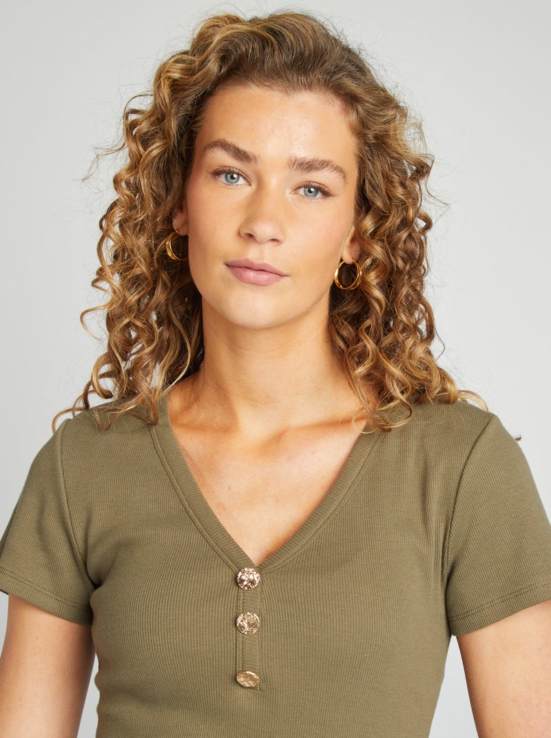 T-shirt nervurada com botões de fantasia CAQUI - Kiabi