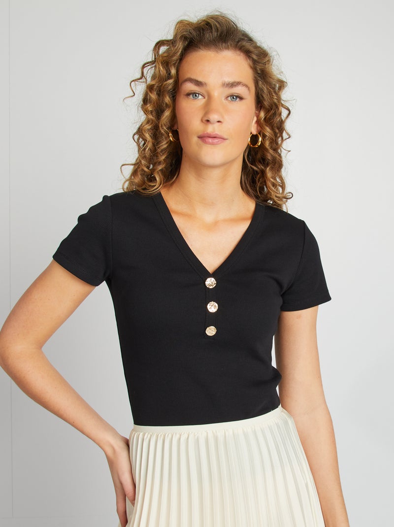 T-shirt nervurada com botões de fantasia Preto - Kiabi
