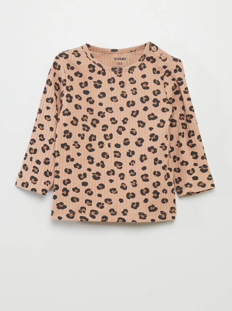 T-shirt nervurada com estampado BEGE - Kiabi
