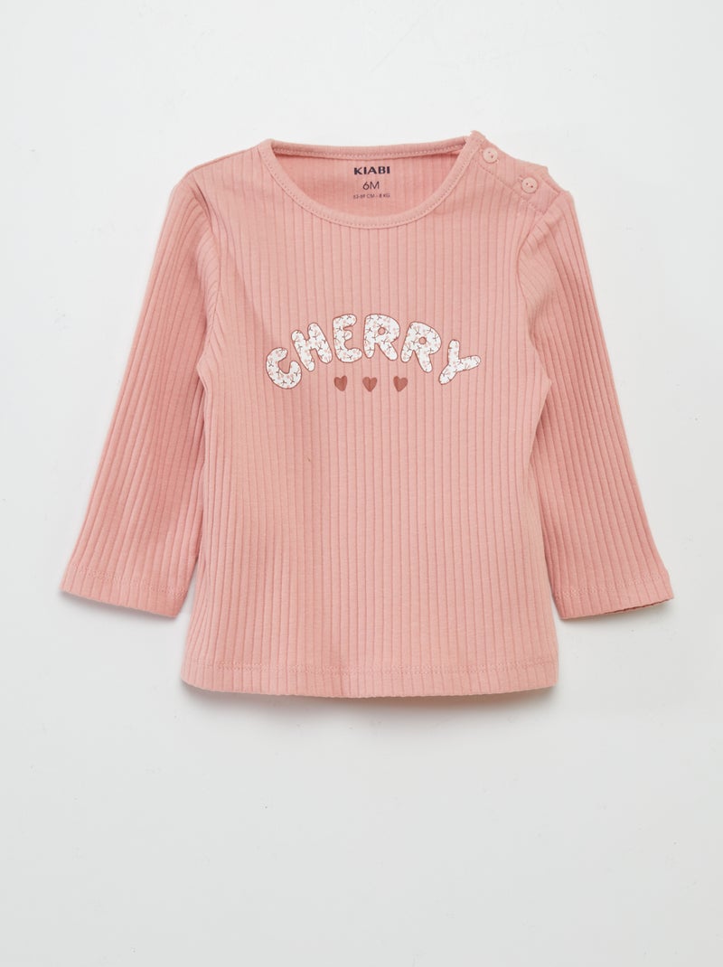 T-shirt nervurada com estampado ROSA - Kiabi
