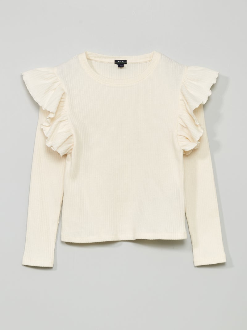 T-shirt nervurada com folhos BRANCO - Kiabi