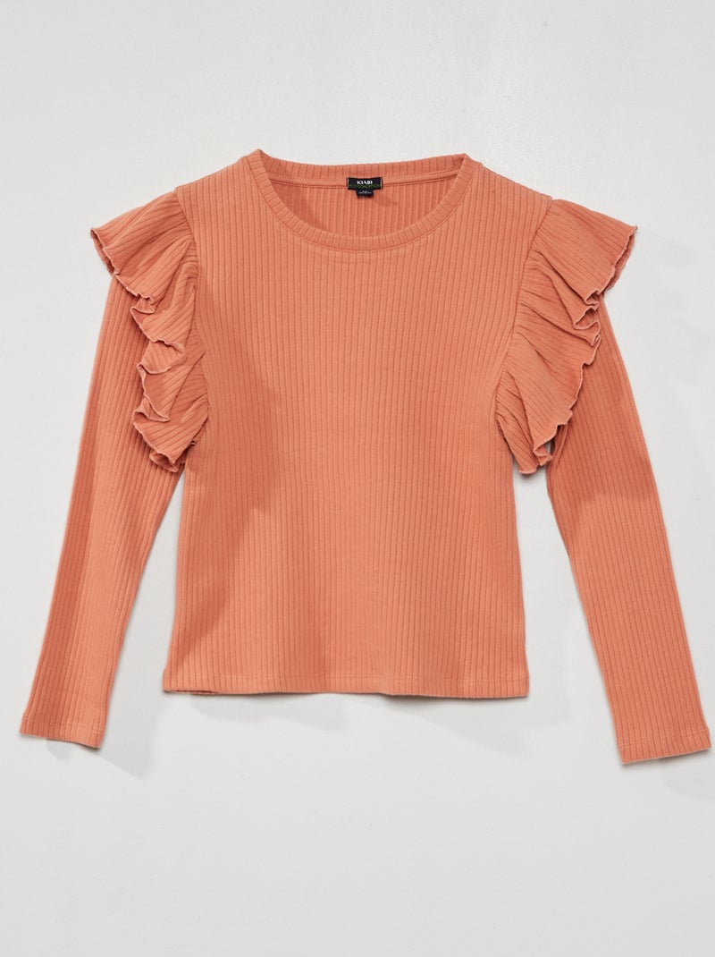 T-shirt nervurada com folhos Rosa - Kiabi