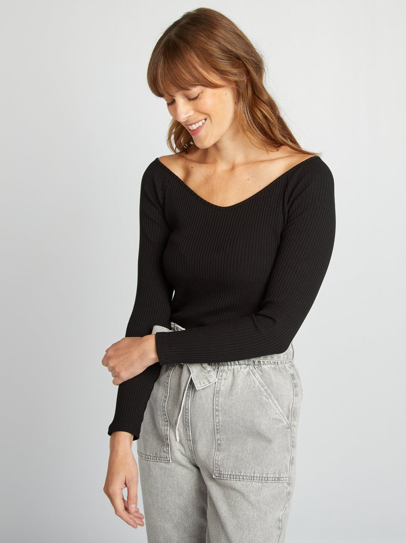 T-shirt nervurada com gola bardot Preto - Kiabi