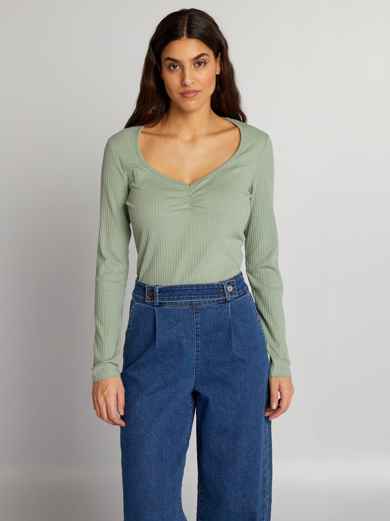 T-shirt nervurada com gola de fantasia VERDE - Kiabi