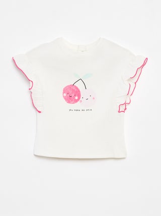T-shirt nervurada com manga com folhos