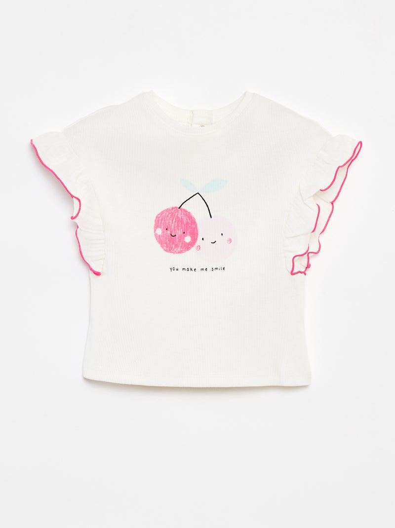 T-shirt nervurada com manga com folhos BRANCO - Kiabi