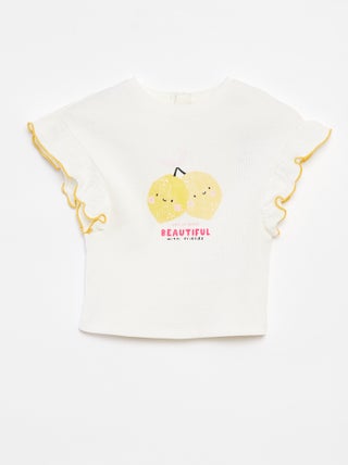 T-shirt nervurada com manga com folhos