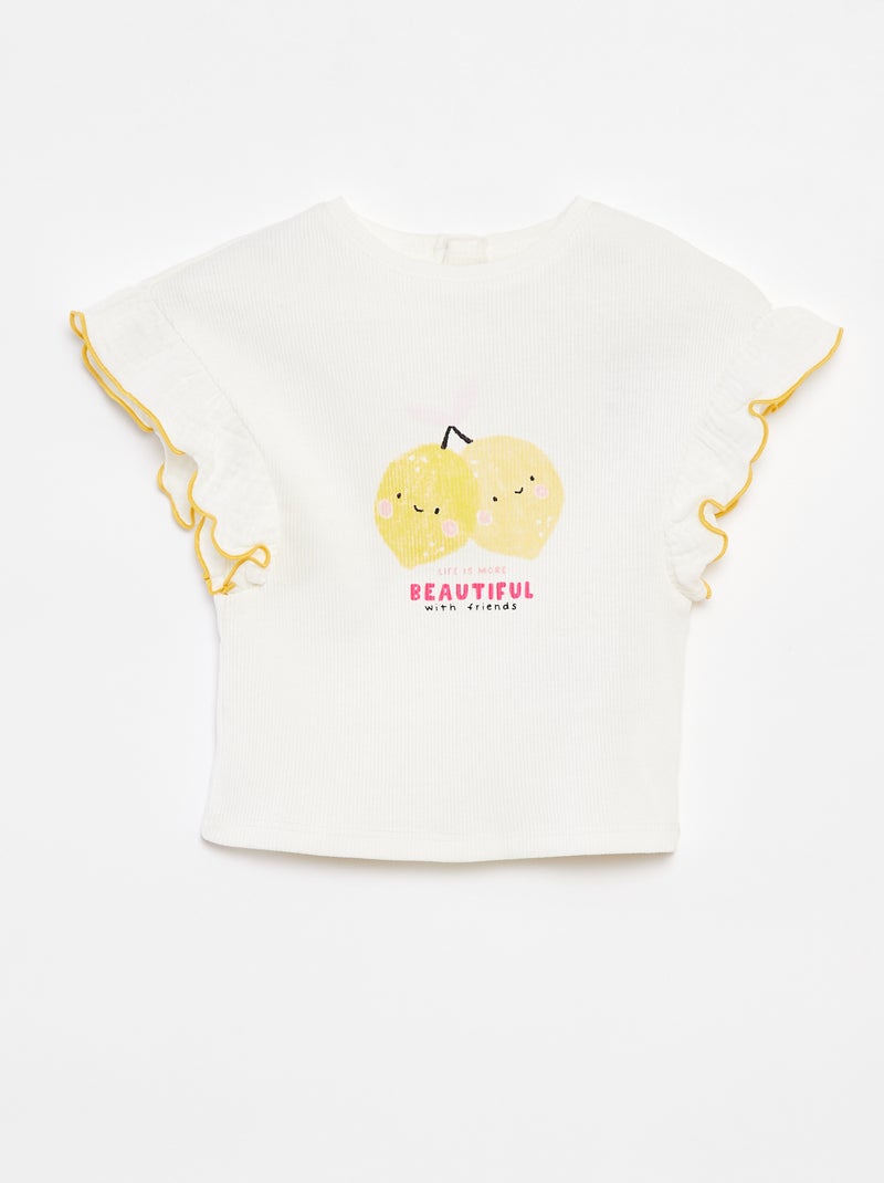 T-shirt nervurada com manga com folhos BRANCO - Kiabi