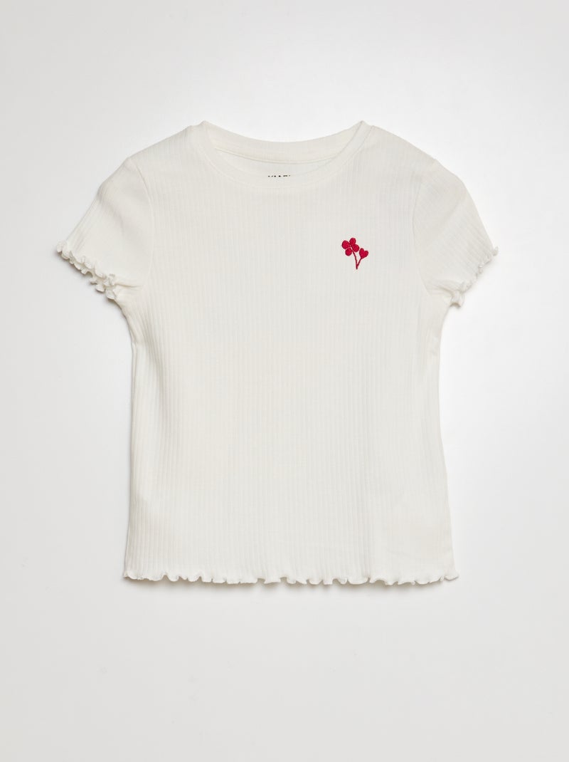 T-shirt nervurada com mangas com folhos BRANCO - Kiabi