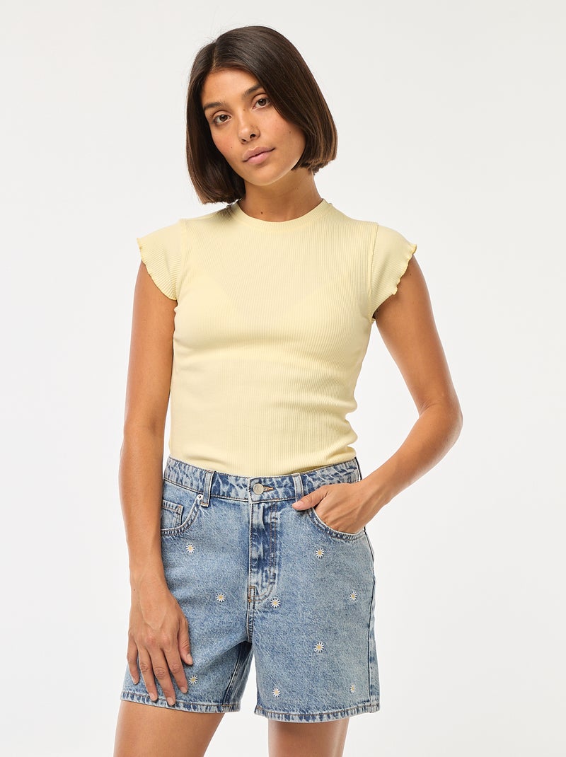T-shirt nervurada com mangas de folhos Amarelo - Kiabi