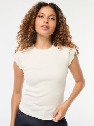 T-shirt nervurada com mangas de folhos