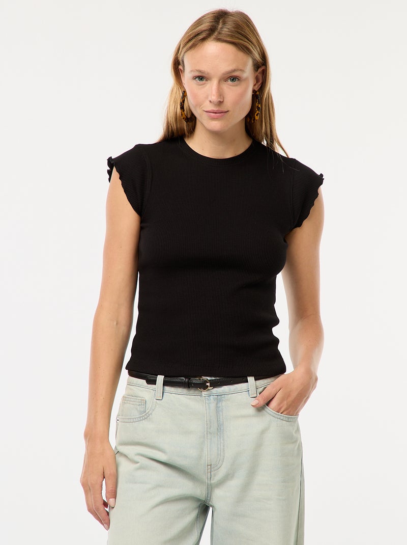 T-shirt nervurada com mangas de folhos Preto - Kiabi