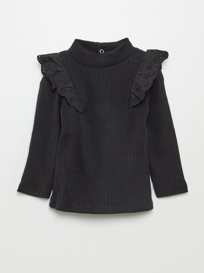 T-shirt nervurada com ombros com folhos Preto - Kiabi