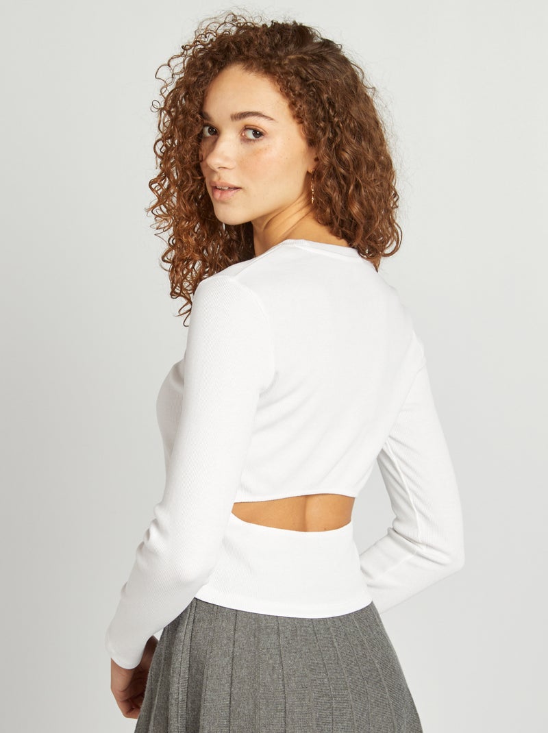 T-shirt nervurada de manga comprida Branco - Kiabi