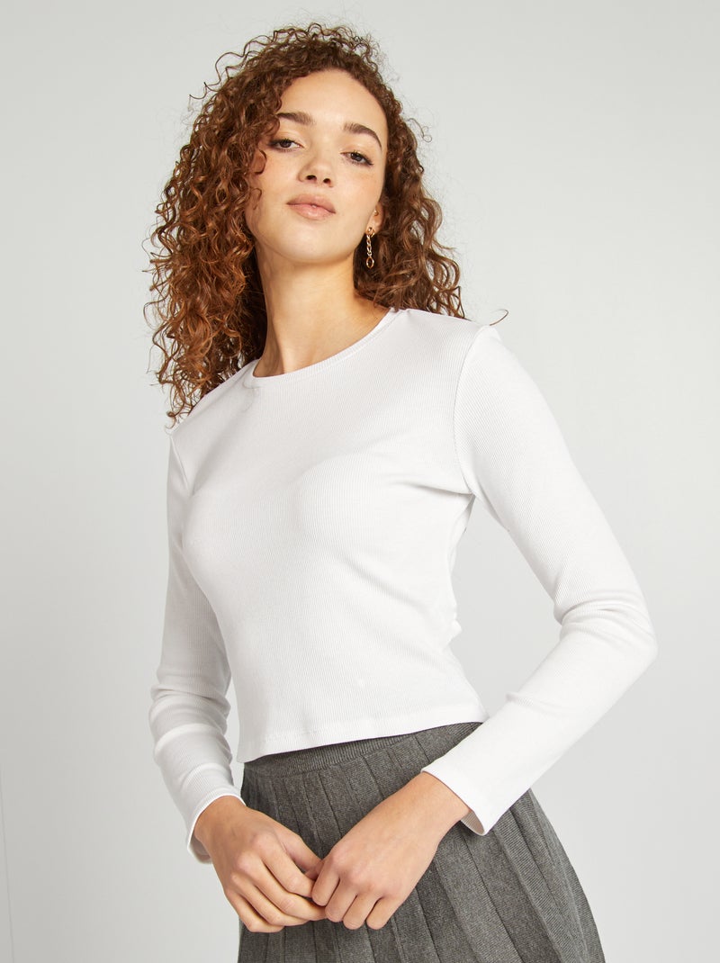 T-shirt nervurada de manga comprida Branco - Kiabi