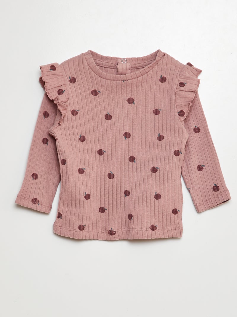 T-shirt nervurada de manga comprida com folhos nas cavas ROSA - Kiabi