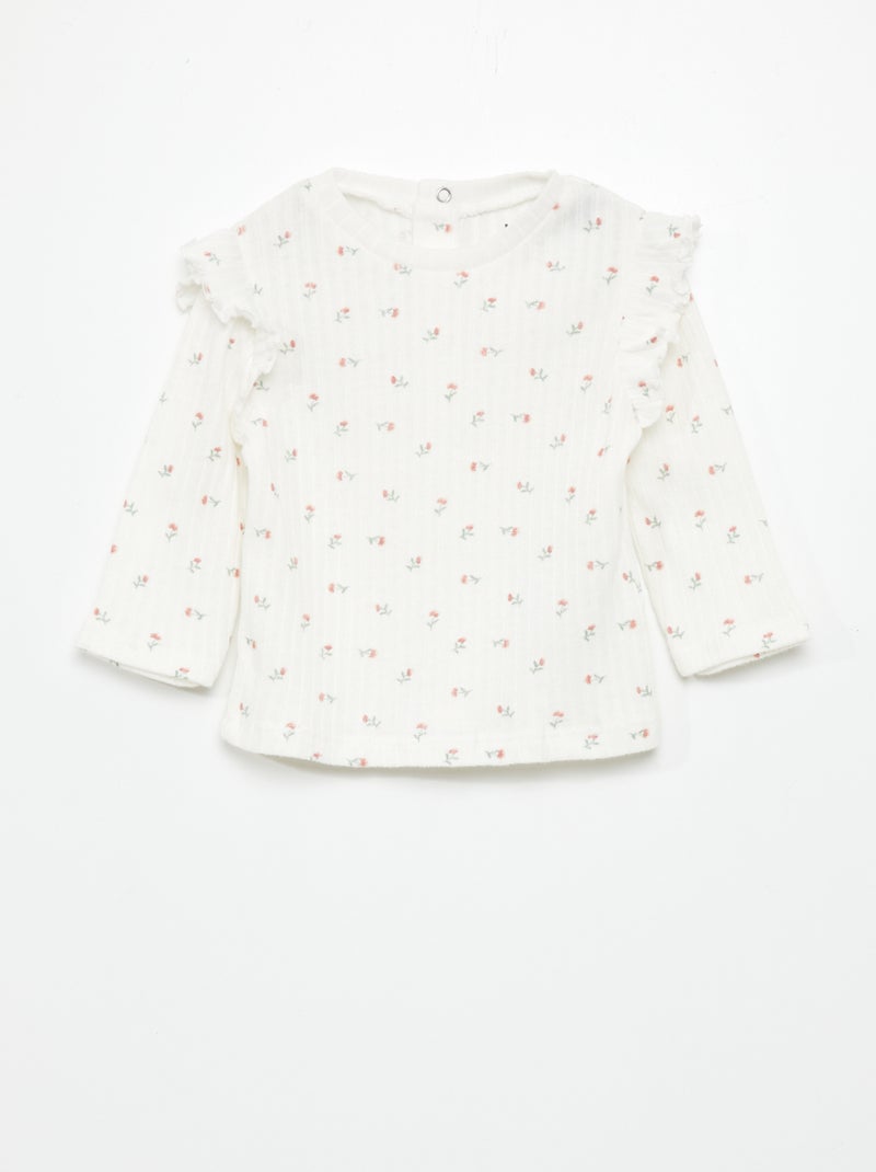 T-shirt nervurada de manga comprida e com folhos BRANCO - Kiabi