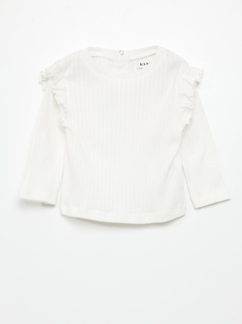 T-shirt nervurada de manga comprida e com folhos Branco - Kiabi