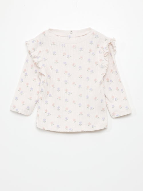 T-shirt nervurada de manga comprida e com folhos - Kiabi